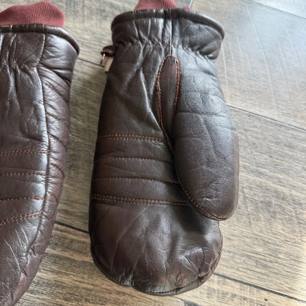Gordini Vintage Brown Leather Quilted Mittens Women Small Burgundy Knit Cuff